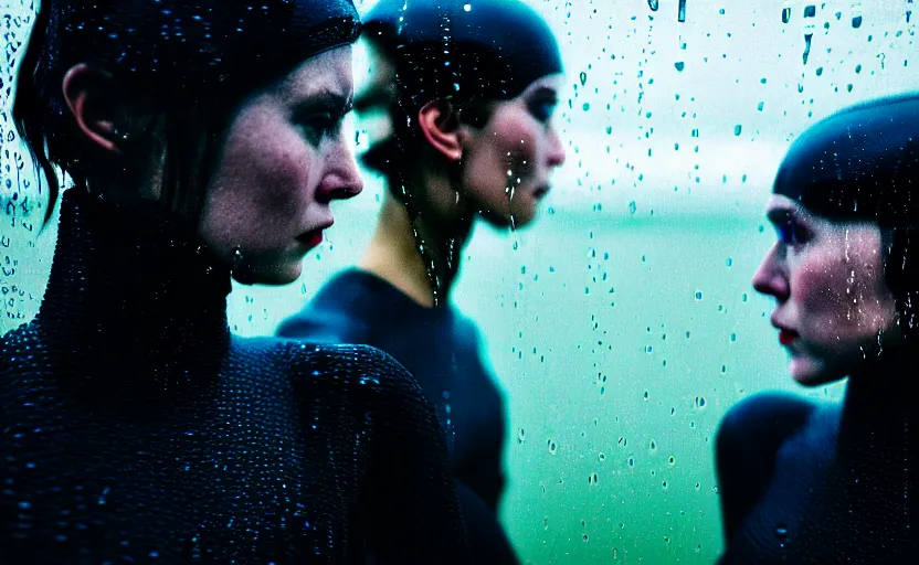 Image similar to cinestill 5 0 d candid action photographic portrait by stanley kubrick of two loving female androids wearing rugged black mesh techwear in treacherous waters, extreme closeup, modern cyberpunk retrofuturism moody emotional cinematic, pouring iridescent rain, 8 k, hd, high resolution, 3 5 mm, f / 3 2, motion blur, ultra realistic faces, ex machina