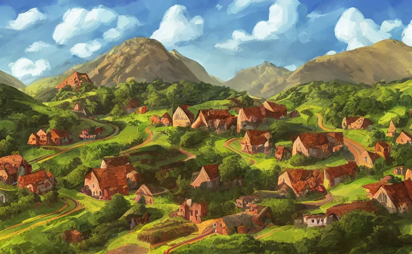 Image similar to a small village in a valley, villagers busy farming, a dragon approaching from a distance, storybook, gouache, flat, sharp edges, golden ratio, concept art, print