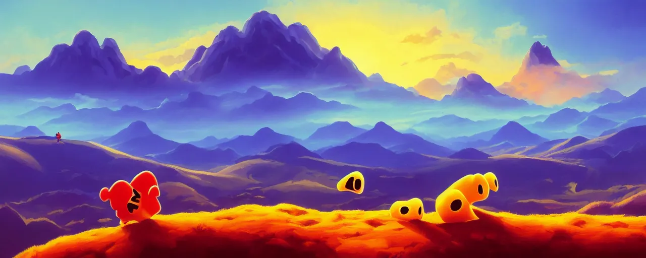 Image similar to detailed pacman in a beautiful nature landscape with clouds, mountains, in background, sunset, by rhads, pacman