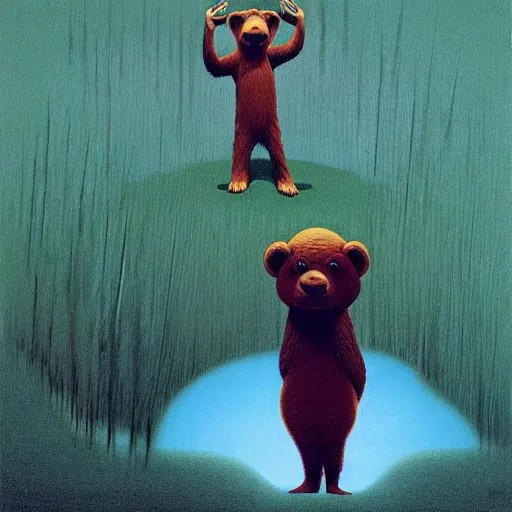 Image similar to yogi bear ( hanna barbera ) by zdzisław beksinski, neon tinged dystopian digital art