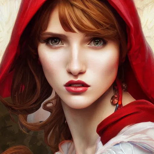 Image similar to ultra realistic illustration, bella thorne as little red riding hood, intricate, elegant, highly detailed, digital painting, artstation, concept art, smooth, sharp focus, illustration, art by artgerm and greg rutkowski and alphonse mucha