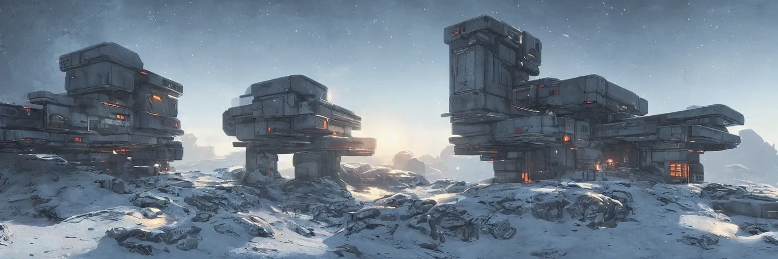 Image similar to “Concept art of a small brutalist concrete research outpost consisting of a single building on the side of a snowy mountain at sunset on an alien world, cyberpunk 2077, 8k, star citizen, art station”