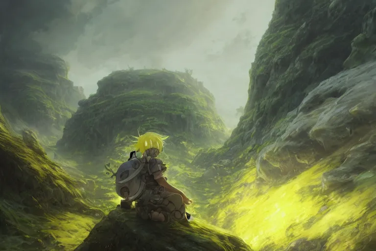 Prompt: made in abyss concept art riko reg yellow hair extra detailed green eyes full body landscape helmet wlop James Jean Marc Simonetti Ruan Jia and Mandy Jurgens and Artgerm and William-Adolphe Bouguerea greg rutkowski Gustave Dore trending on artstation pixiv hyperdetailed Unreal Engine 4k 8k ultra HD