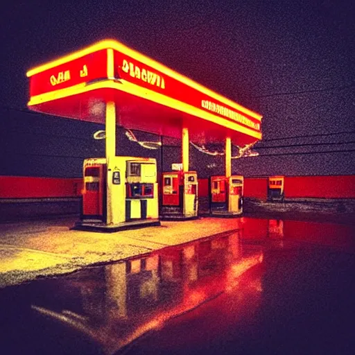 Prompt: “soviet gas station, rain, night, atmospheric lighting, neon glow, lens flare, red lights, digital photography”