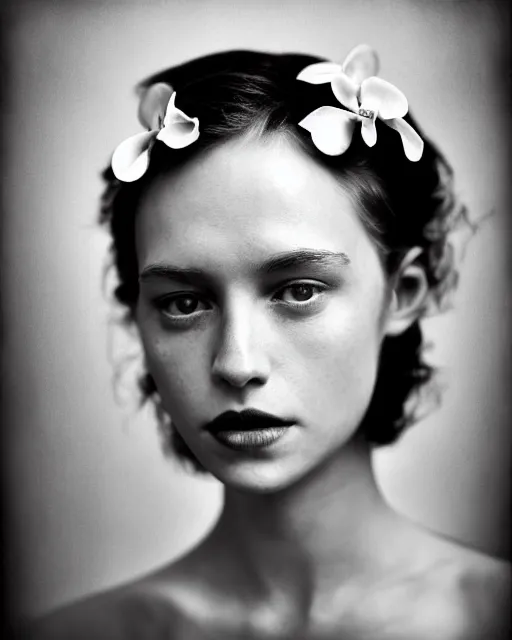 Image similar to women portrait, close - up, orchid flowers, retro, palaroid, high sharpness, zeiss lens, fashion photo shoot black and white photo, annie leibovitz, paolo roversi, greg kadel, inez vinoodh, karl lagerfel artistic, hyperrealistic, beautiful face, octane rendering