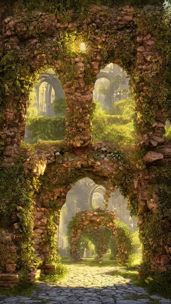 Prompt: overgrown ruined stone archway into a magical city, beautiful, intricate, detailed, golden light, 3 d render, 8 k