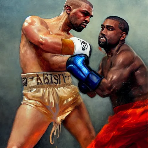 Image similar to a beautiful painting of kanye west fist - fighting pete davidson in a boxing ring, rendered art, highly detailed painting by gaston bussiere, craig mullins, j. c. leyendecker 8 k, trending on artstation, art, fighting, watercolor