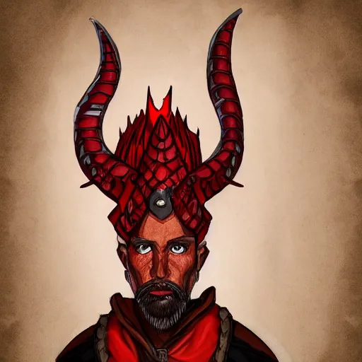 Image similar to dnd style portrait of a tiefling, male, red scales, red skin, a big black beard, completely golden eyes, 2 black ram horns growing out of his forehead,