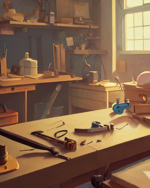 Prompt: tools on working table at woodworker shop, detailed, cory loftis, james gilleard, atey ghailan, makoto shinkai, goro fujita, studio ghibli, rim light, exquisite lighting, clear focus, very coherent, plain background, soft painting