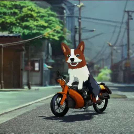 Image similar to A corgi on a motorcycle in an anime film by Makoto Shinkai