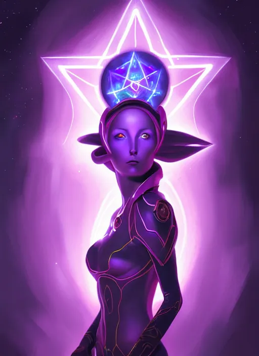 Image similar to portrait of an eldar, aeldari, lady voidstar, glowing diagram of a pentagram and a star, intricate, elegant, purple, glowing lights, highly detailed, digital painting, artstation, concept art, smooth, sharp focus, illustration, art by wlop, mars ravelo and greg rutkowski