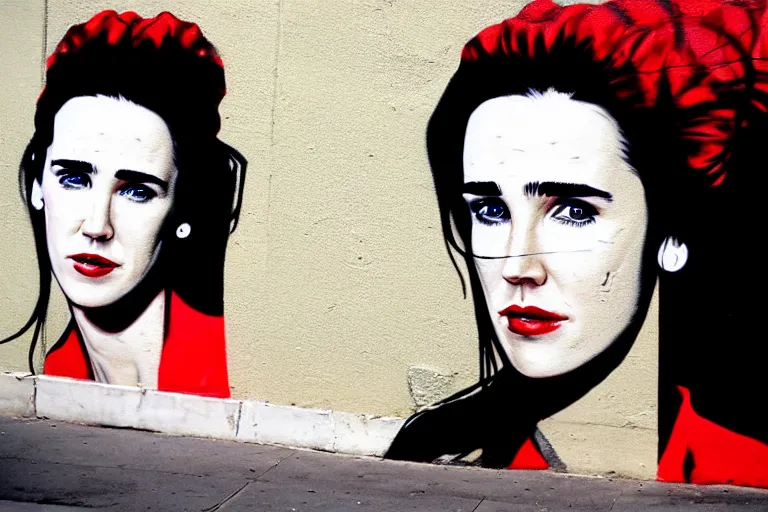 Image similar to Street-art portrait of Jennifer Connelly (1990), in style of Seaty