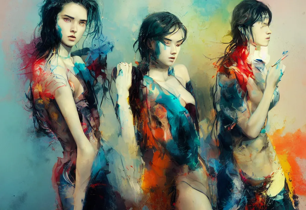 Prompt: full body portrait of a duo of 1 9 years old girl figures, messy hair, oriental tattoos, jewelry, subjects wearing savile row menswear, beautiful, dramatic, cinematic lighting, phtalo blue, lemon, fire red, few vivid pink highlights, visible brushstrokes, by ross tran and jeremy mann and guweiz, oil on canvas, artstation, pixiv