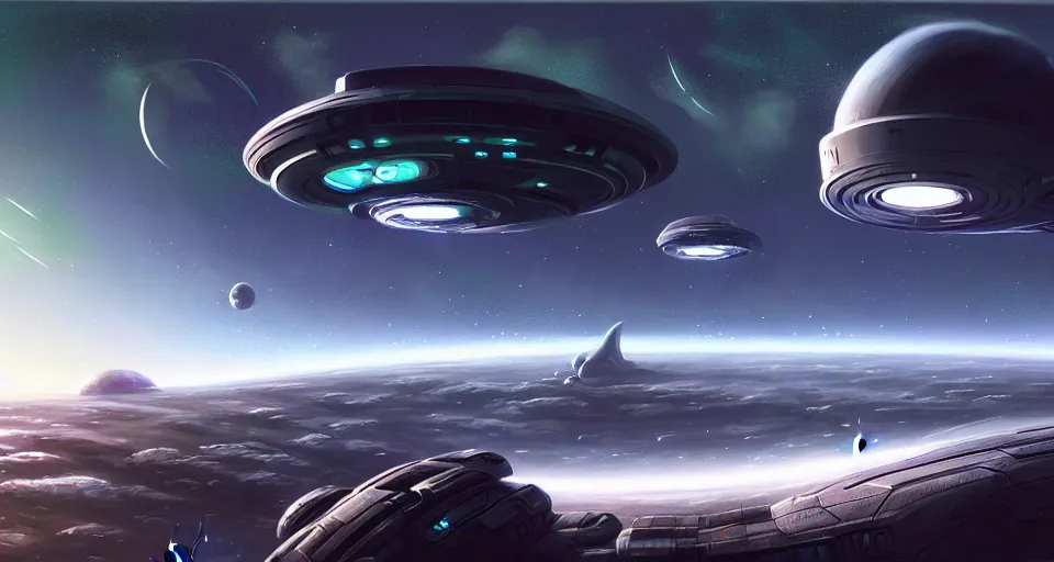 Prompt: ( one! futuristic round space station!!!! ) in orbit above a | green planet!!!! | starships!! | realistic!! sci - fi matte concept art painting, painted by andree wallin!!, mass effect, james gurney, and halo, smooth, intricate!!, detailed!!, sharp focus