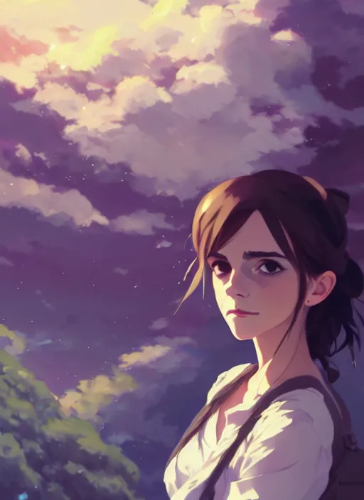 Image similar to portrait of emma watson, cloudy sky background lush landscape illustration concept art anime key visual trending pixiv fanbox by wlop and greg rutkowski and makoto shinkai and studio ghibli