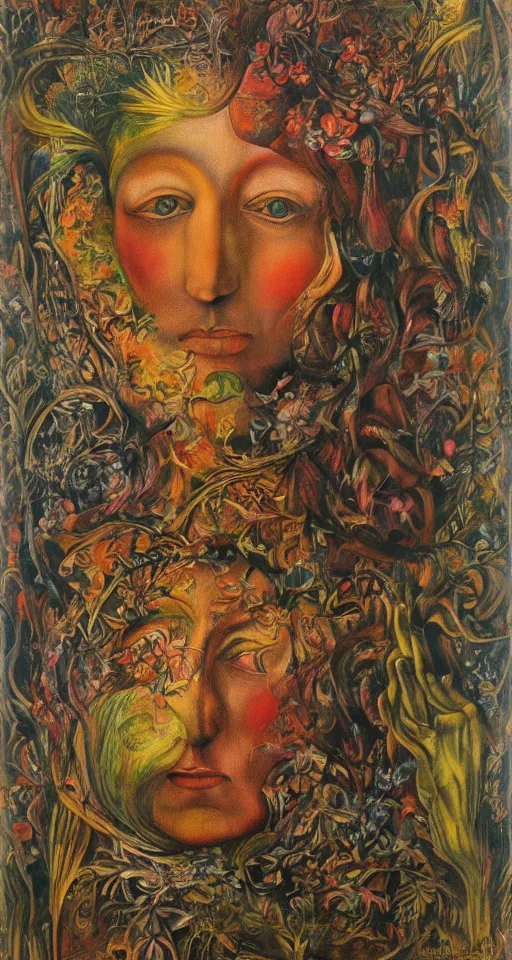 Image similar to floral portrait by wojciech siudmak and ernst fuchs, oil on canvas