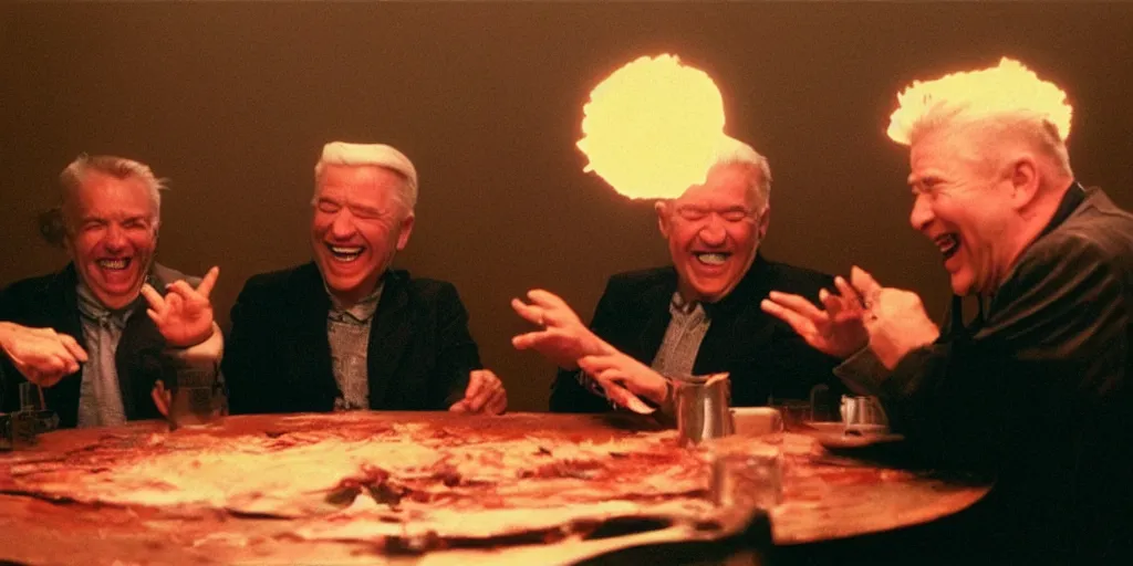 Prompt: film still of old men laughing!!!! sitting at a round table on fire!!!!!!!!!!!!!!!!!!!!!!!!!!!!!!!! and finger painting, directed by david lynch, backlighting