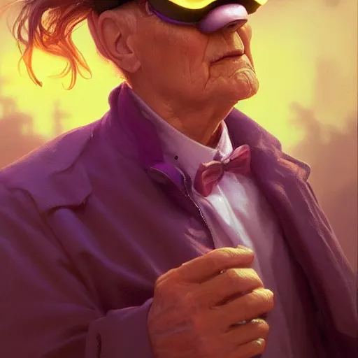 Prompt: an old male poet with a VR headset, golden light, purple water, highly detailed, digital painting, artstation, concept art, smooth, sharp focus, illustration, art by artgerm and greg rutkowski and alphonse mucha