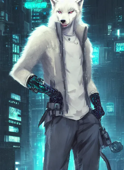 Image similar to character portrait of a male anthro albino wolf fursona with a tail and a cute beautiful attractive detailed furry face wearing stylish cyberpunk clothes in a cyberpunk city at night while it rains. hidari, color page, tankoban, 4K, tone mapping, Akihiko Yoshida.