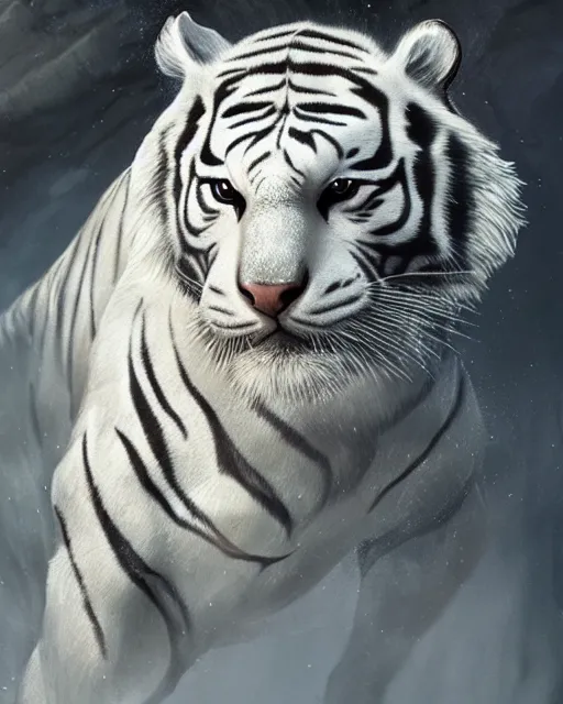 Image similar to A white tiger, highly detailed face, full body, fantasy art, monster art, in the style of greg rutkowski, illustration, epic, fantasy, intricate, hyper detailed, artstation, concept art, smooth, sharp focus, ray tracing