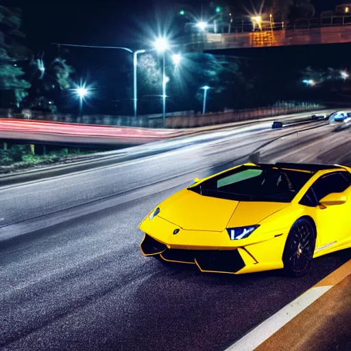 Image similar to Photograph of a yellow Lamborghini going fast on a highway, at night, 8k, focused, ultra-realistic, high detailed