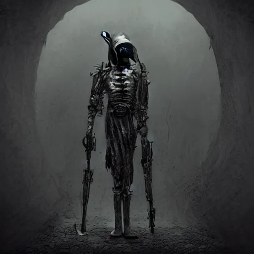 Prompt: full-body dark creepy gothic realistic drawing central composition a decapitated soldier with futuristic elements. he welcomes you under with no head, empty helmet inside is occult mystical symbolism headless full-length view. standing on ancient altar eldritch energies disturbing frightening, hyper realism, 8k, sharpened depth of field, 3D