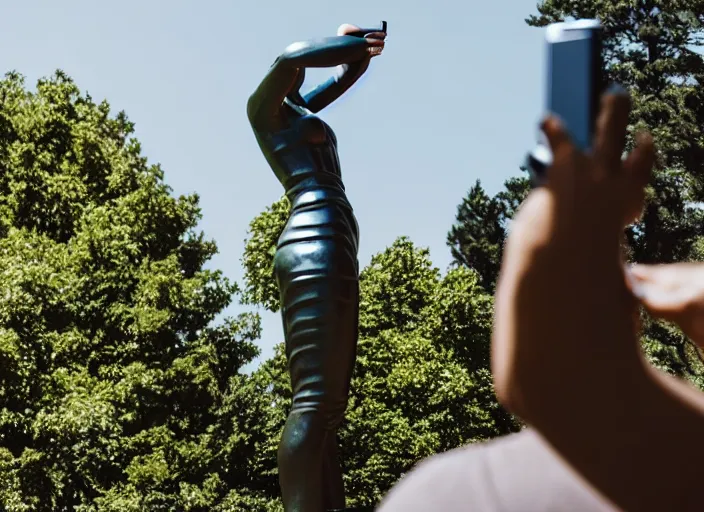 Prompt: photo still of a bronze statue of a person using an iphone to take a selfie, park on a bright sunny day, 8 k 8 5 mm f 1 6