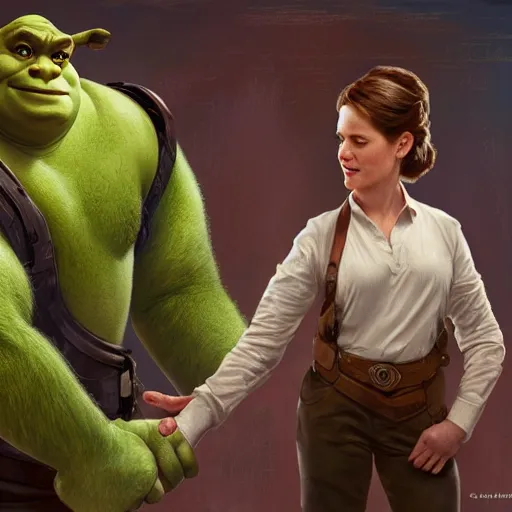 Image similar to Senator Armstrong Shakes hands with Shrek, intricate, stunning, highly detailed, digital painting, artstation, concept art, smooth, sharp, focus, illustration, art by artgerm and greg rutkowski and alphonse mucha