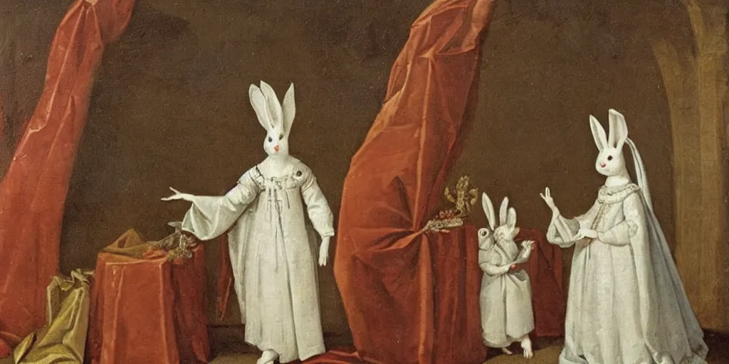 Prompt: a rabbit dressed as a queen, wearing a white robe, 17th century oil painting