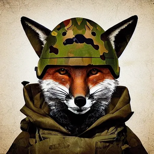 Image similar to a fox wearing a military helmet, portrait, beautiful, leaves on head, different camo styles, neutral background, digital art, realistic and stylized, retro look