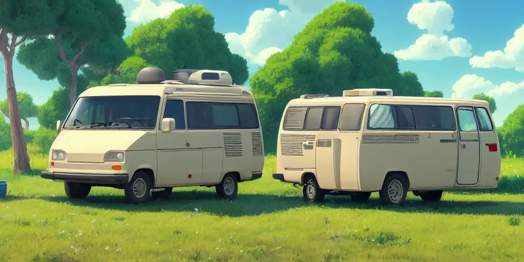 Image similar to a wholesome animation key shot of one!! focused!! 1 9 9 4 fiat hymer!! motorhome in the! romanian! countryside, medium shot, studio ghibli, ( pixar ) and disney animation, sharp, very detailed, high resolution, rendered in unreal engine 5, anime key art by greg rutkowski, bloom, dramatic lighting