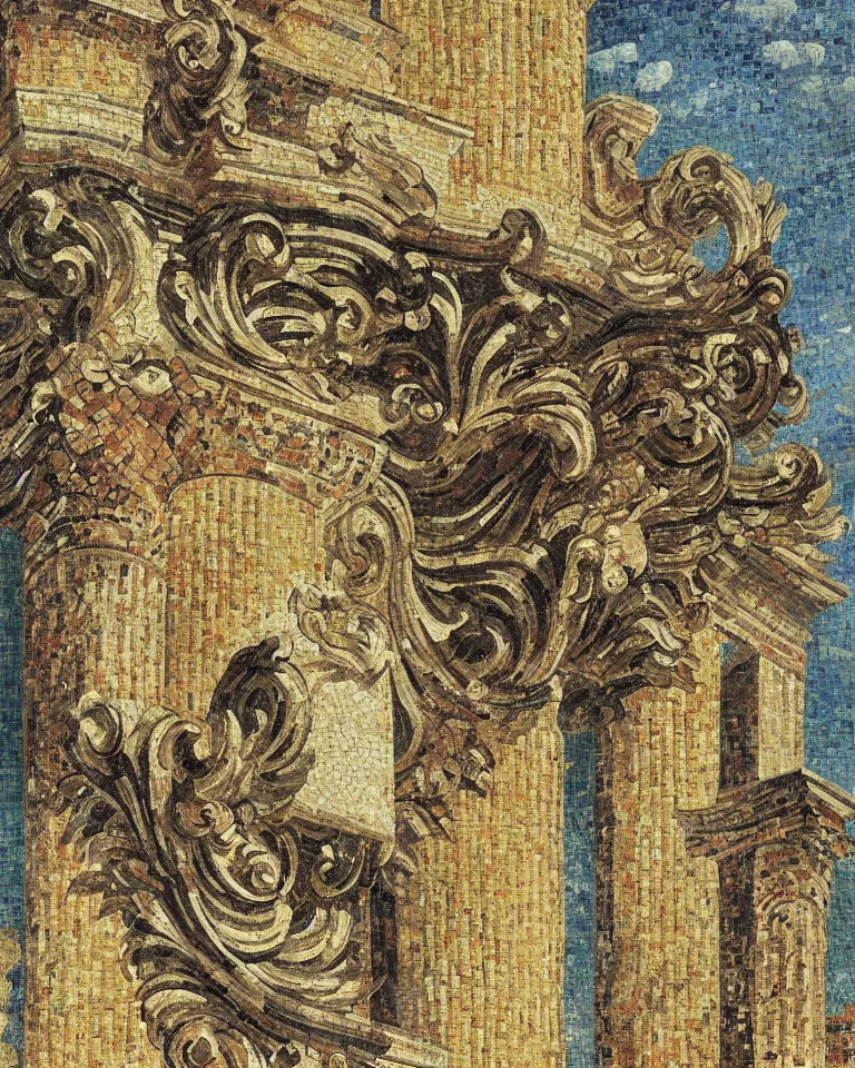 Prompt: achingly beautiful painting of intricate ancient roman corinthian capital on vibrant mosaic background by rene magritte, monet, and turner. giovanni battista piranesi.