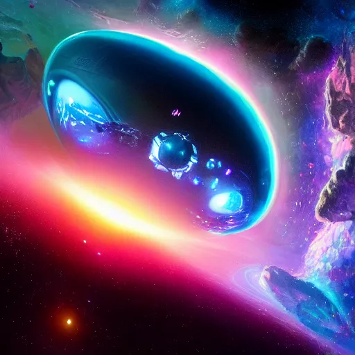 Image similar to glowing glorious 3D black hole in movie, intergalactic, space theme, galaxy colored, hyperdetailed, digital painting, trending on Artstation, cel-shading style, CG society, hyperdetailed, digital painting, hypermaximalist, golden ratio, volumetric, octane render, weta digital, micro details, 3d sculpture