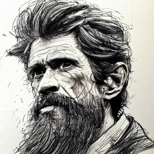 Image similar to a realistic yet scraggly portrait sketch of the side profile of a stern and sophisticated willem dafoe with a beard, trending on artstation, intricate details, in the style of frank auerbach, in the style of sergio aragones, in the style of martin ansin, in the style of david aja, in the style of mattias adolfsson