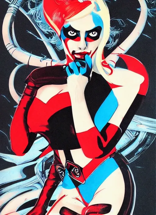 Prompt: lady gaga as harley quinn, horror, high details, intricate details, by vincent di fate, artgerm julie bell beeple, 1 9 6 0 s, inking, vintage 6 0 s print, screen print
