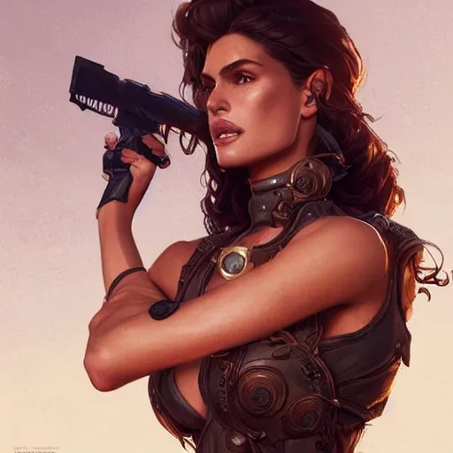 Image similar to Cindy Crawford as Lana Croft, intricate, elegant, highly detailed, digital painting, artstation, concept art, smooth, sharp focus, illustration, art by artgerm and greg rutkowski and alphonse mucha