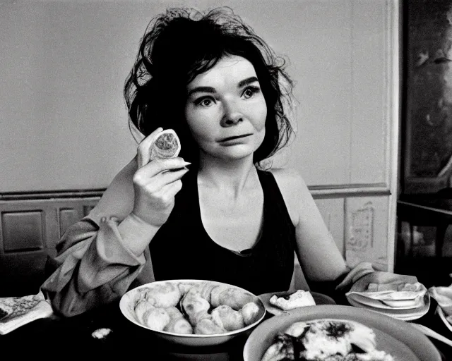 Prompt: 1 9 7 9 a soviet movie still a bjork sitting at a table with a plate of food in dark warm light, a character portrait by nadya rusheva, perfect symmetric coherent face, featured on cg society, neo - fauvism, movie still, 8 k, fauvism, cinestill, bokeh, gelios lens