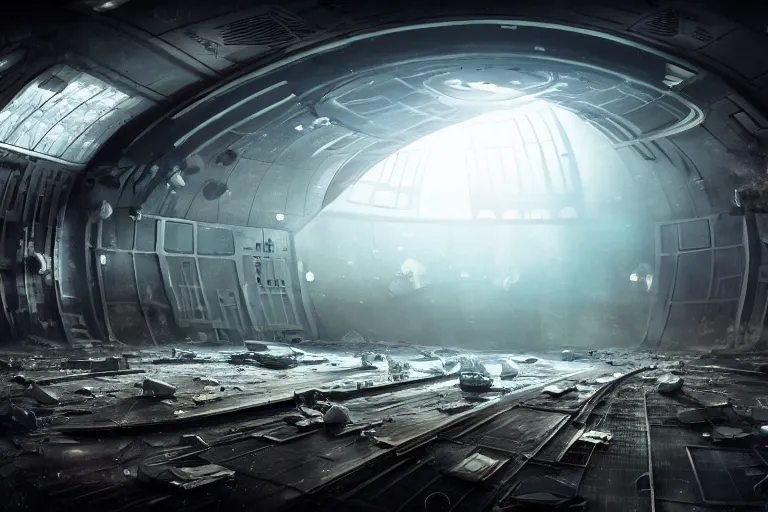 Image similar to set design for a science fiction movie on a derelict space station, cinematic, elegant, professional studio light, real dlsr photography, sharp focus, 4 k, ultra hd, sense of awe, high fashion