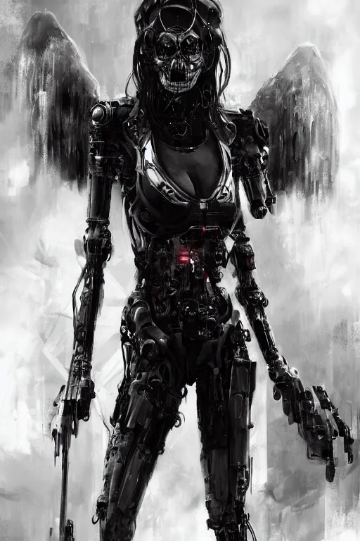 Prompt: Alexandra Daddario as a beautiful cybernetic angel of death. Digital art, trending on artstation. Jeremy Mann.