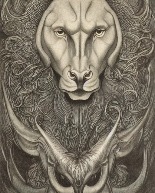 Image similar to a creature with the body and eyes of a man, with the beak of an eagle, the mane of a lion, and the horns of an ox by jean delville