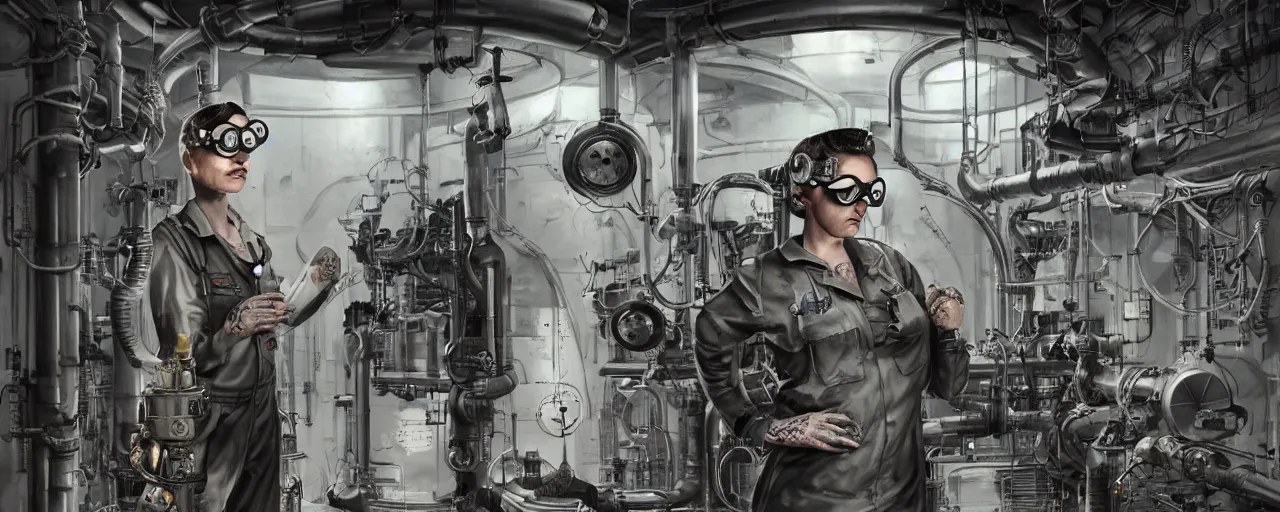 Prompt: illustration 3 / 4 portrait of tattooed stoic heroic emotionless butch blonde woman engineer with short slicked - back hair, wearing dark victorian goggles, working inside reactor room, awkward and uncomfortable and anxious, dirty, dynamic composition by ron cobb. industrial space program, scifi, hyper detailed. octane render. concept art. trending on artstation