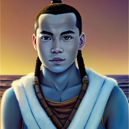 Image similar to beautiful serene intricate portrait of sokka from the water tribe as a young inuit man with blue eyes, smiling softly, relaxing on the beach, golden hour, soft focus, 8 k, art by irakli nadar, hyperrealism, hyperdetailed, ultra realistic