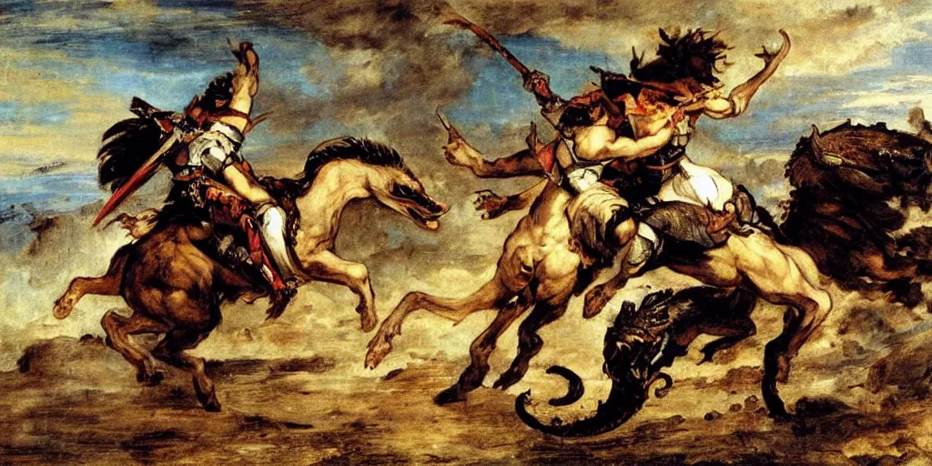 Image similar to knight fighting dragon, art by eugene delacroix