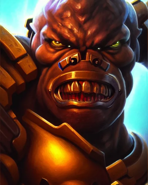 Image similar to doomfist from overwatch, ripped, buff, strong, fantasy, fantasy art, character portrait, portrait, close up, highly detailed, intricate detail, amazing detail, sharp focus, vintage fantasy art, vintage sci - fi art, radiant light, caustics, by boris vallejo