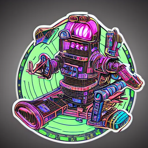 Prompt: sticker of a rock band, name is tripmachine, on the sticker is a 3 d render of a huge futuristic steampunk generator with musician robots, 8 k, fluorescent colors, halluzinogenic, multicolored, exaggerated detailed, silk screen art