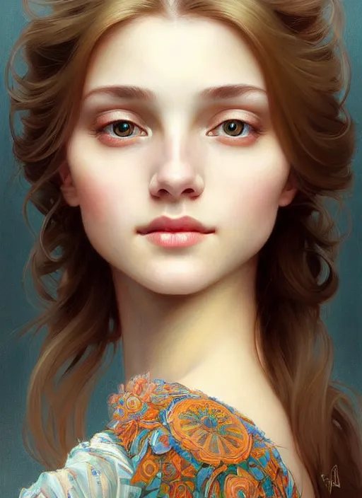 Image similar to beautiful ukrainian feminine face! portrait of young woman blessed by god with ever - increasing physical and mental perfection, beautiful hair, symmetrical! intricate, elegant, highly detailed, vision of holy perfection!! smile, digital painting, artstation, concept art, smooth, sharp focus, illustration, art by artgerm and greg rutkowski and alphonse mucha