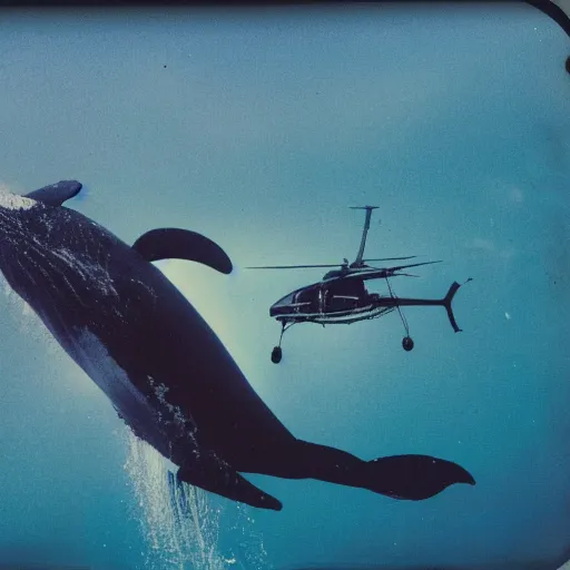 Image similar to a polaroid picture of a whale swimming under the sea, aquatic helicopters flying around the whale