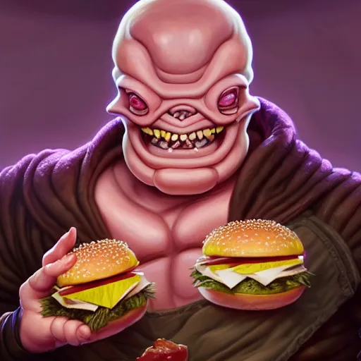 Image similar to portrait of krang from tmnt eating hamburgers, extra onions and ketchup, luscious patty with sesame seeds, feminine ethereal, handsome, d & d, fantasy, intricate, elegant, highly detailed, digital painting, artstation, concept art, matte, sharp focus, illustration, art by artgerm and greg rutkowski and alphonse mucha