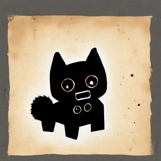 Image similar to a cute black robot pomeranian!!!. ( ( ( alcohol ink on parchment, muted colors, shading!!!, detailed, textured parchment background, 1 9 5 0 s concept art ) ) )