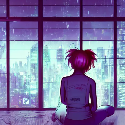 Image similar to sad girl sitting by the window looking towards a cyberpunk city, accurate features, focus, very intricate ultrafine details, masterpiece, 8 k hd, realistic shaded lighting, detailed render, detailed backgrounds, epic composition, soft neon lights, rain